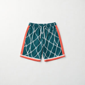 Court Net Jersey Shorts with all-over basketball net pattern in white lines on deep teal with a bold coral side stripe