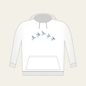 Five Swallows in a Gentle Arc Hoodie in white: Five swallows in cream and sky blue fly in an arc along a fine dotted trail.