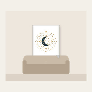 Gilded Constellations and Crescent Moons Fleece Blanket in white: Cream and gold constellations and crescent moons drift across a deep navy sky.