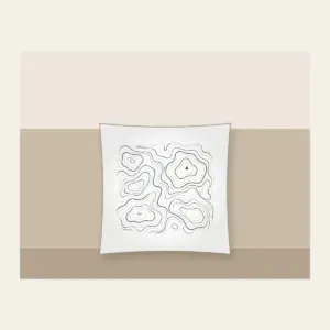 Topographic Contour Lines with a Single Peak Pillow in white: Topographic contour lines in slate and cream with one small peak mark.