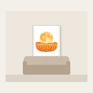 Harvest Moon over Wheat Fleece Blanket in white: A large orange harvest moon above rows of wheat in orange and cream.
