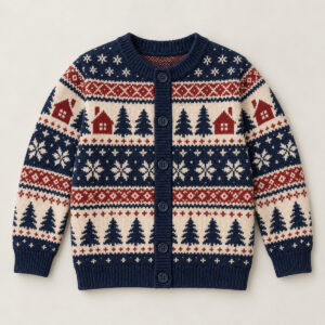 Youth knitted cardigan printed with fair-isle cabins, pines and stars