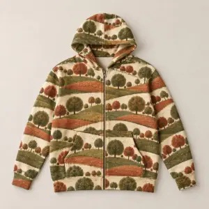 Midweight Orchard Rows Full Zip Hoodie with all-over rows of round trees on hills in olive, rust and cream