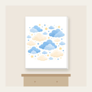 Cloudy Night Sky with Tiny Stars Canvas Print in white: Gentle clouds and tiny stars drift across blue and cream.