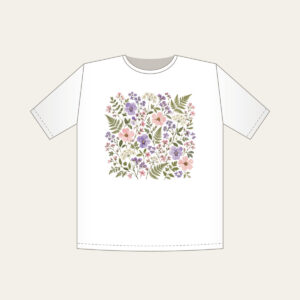 Pressed Posies and Ferns T-Shirt in white: Pressed-flower posies and ferns in lilac, blush and sage arranged all over a cream ground.