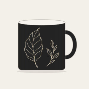 Single-Line Leaf Drawing Mug in black: One unbroken cream line sketches a graceful leaf, answered by a small sprig on the reverse side.