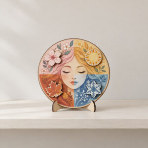 Seasons Wheel Interchangeable Wood Sign with a round two-layer board printed in four soft quadrants of pink, yellow, rust and blue with four small interchangeable plywood pieces, a blossom, a sun, a leaf and a snowflake, each flat printed in