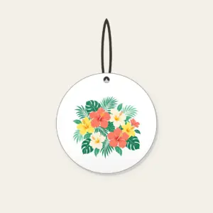 Hibiscus and Palm Sorbet Colors Ceramic Ornament in white: Hibiscus and palm leaves in coral, mint and lemon scattered over cream.