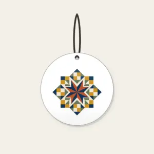 Star Medallion Patchwork Ceramic Ornament in white: An eight-point star medallion in navy, cream and rust with mustard and sage patchwork squares.