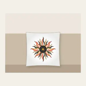 Sunburst Lines on Charcoal with a Small Star Pillow in white: Sun lines in coral, gold and white radiate across a charcoal ground, with one small star set off to one side.