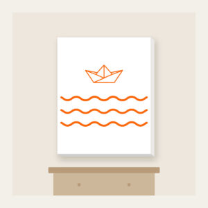 Paper Boat on Ripples Canvas Print in white: A folded paper boat on three ripple lines in white and orange.