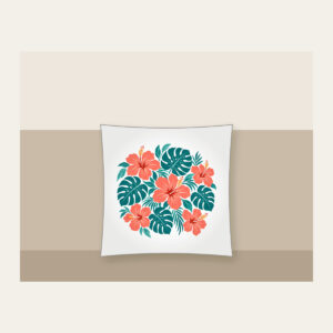 Coral Hibiscus and Monstera Leaves Pillow in white: Coral hibiscus flowers and teal monstera leaves repeat across a cream ground.