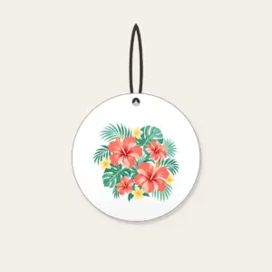 Coral Hibiscus Palm Sorbet Pattern Ceramic Ornament in white: Coral hibiscus blooms and palm leaves in mint and lemon spread across a cream field.