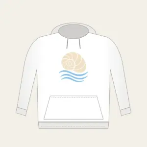 Cream Spiral Shell Over Blue Currents Hoodie in white: A cream spiral shell above three pale-blue flowing current lines.