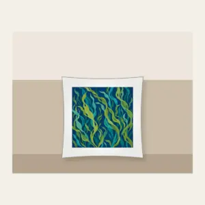 Swaying Kelp Ribbons on Deep Blue Pillow in white: Long kelp ribbons in green and teal sway across a deep blue background.