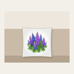Lupine Spikes in Violet and Blue Pillow in white: Tall lupine spikes in violet and blue rise among green leaves.