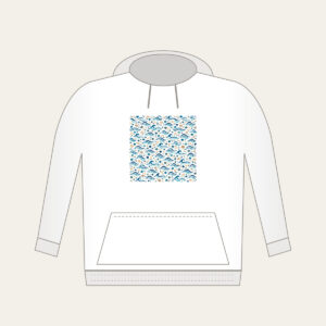 Tiny Waves and Pebbles Repeat Hoodie in white: A small-scale repeat of waves and pebbles in navy, teal and sand.