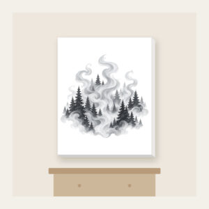 Campfire Smoke Curls Through Pines Canvas Print in white: Wisps of smoke curl upward between dark pine silhouettes in muted greys.