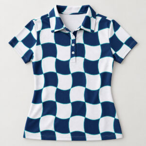 Wave Check Lightweight Polo with a wave-edged check in white and navy with a thin teal line