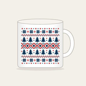 Fair-Isle Pines and Stars Mug in white: Fair-isle bands of pines, stars and diamonds in cream, brick red and navy.