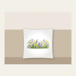 Wildflower Strip Beneath a Pale Sky Pillow in white: A strip of yellow, purple and white wildflowers runs along the lower edge beneath a pale sky gradient.