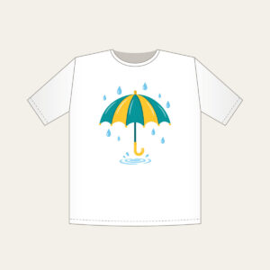 Teal Umbrella and Raindrop Ripple T-Shirt in white: An open teal and yellow umbrella with small raindrops and a tiny puddle ripple.