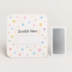Silver Scratch Wish Card with pastel confetti and stars with the exact text "Scratch Here" above a blank rectangle; silver sticker supplied separately
