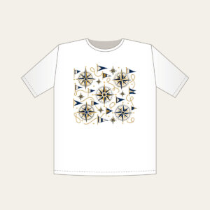 Compass Roses and Pennants T-Shirt in white: Compass roses and pennants repeat in navy, gold and cream.
