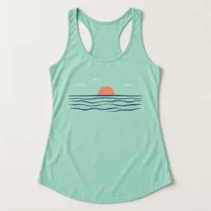 Open Horizon Racerback Tank with front-center flat printed navy horizon lines and small warm coral rising sun, with minimal tiny white cloud marks