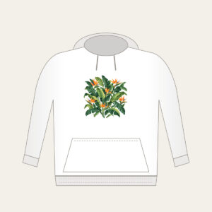 Banana Leaves and Birds-of-Paradise Hoodie in white: Banana leaves and birds-of-paradise flowers in green and orange on cream.