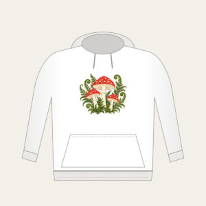 Red Toadstool Trio with Curling Ferns Hoodie in white: Three red-capped mushrooms with curling ferns in cream, red and moss green.