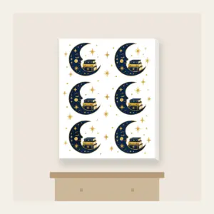 Crescent Moon with a Stack of Books Canvas Print in white: A crescent moon holds a small stack of books among tiny stars in navy and gold.