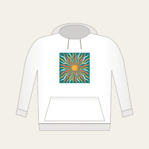 Sunrise Lines in Coral and Gold on Teal Hoodie in white: All-over sunrise lines in coral, gold and white on a teal ground.
