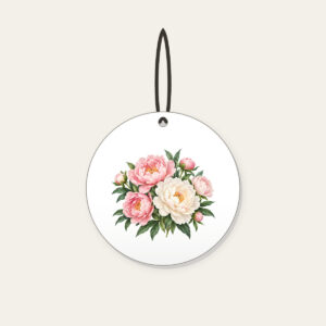 Blush and White Peonies Ceramic Ornament in white: Peonies in blush and white with green leaves on a cream base.