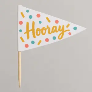 Confetti Pennant Cupcake Topper with small pennant flags and star confetti in coral, teal and gold with the exact text "Hooray"