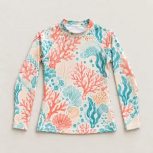Coral Reef Long Sleeve Rash Guard with all-over coral reef shapes in coral, aqua and cream with tiny bubbles