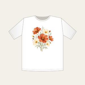 Terracotta Cosmos and Buttery Daisies T-Shirt in white: Loose watercolor cosmos in terracotta beside buttery daisies on fine sage stems.