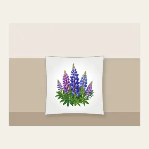 Wild Lupine Meadow Spires Pillow in white: Tall wild lupine flowers in violet and blue with green leaves.