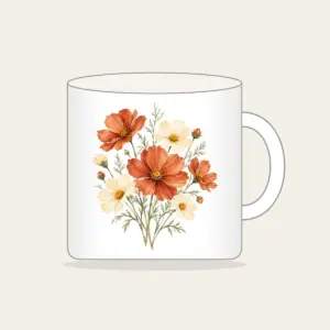 Terracotta Cosmos and Buttery Daisies Mug in white: Loose watercolor cosmos in terracotta beside buttery daisies on fine sage stems.