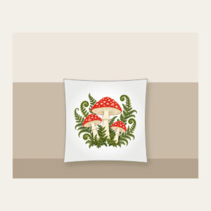 Red Toadstool Trio with Curling Ferns Pillow in white: Three red-capped mushrooms with curling ferns in cream, red and moss green.