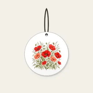 Poppies and Tall Grasses on Cream Ceramic Ornament in white: Red and coral poppies stand among tall olive grasses on a cream ground.