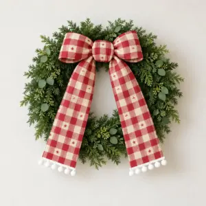 Gingham Bell Door Wreath Sash with red and cream gingham and tiny flat printed stars with white pompoms at both ends; no embroidery