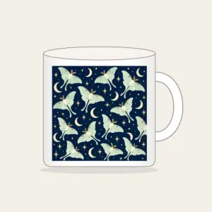 Luna Moths and Crescent Moons on Navy Mug in white: Pale luna moths and crescent moons glow on deep navy among tiny star dots.