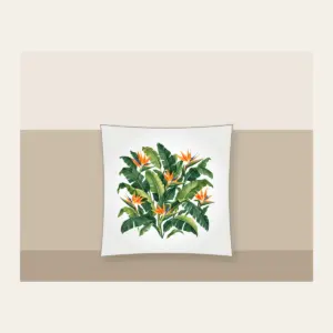 Banana Leaves and Birds-of-Paradise Pillow in white: Banana leaves and birds-of-paradise flowers in green and orange on cream.