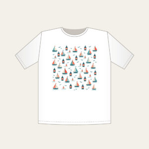 Tiny Sailboats and Harbour Lanterns T-Shirt in white: Tiny sailboats and harbour lanterns repeat in teal, coral and cream.