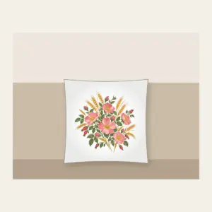 Prairie Roses and Wheat Stalks Pillow in white: All-over prairie roses and wheat stalks in rose, gold and sage.