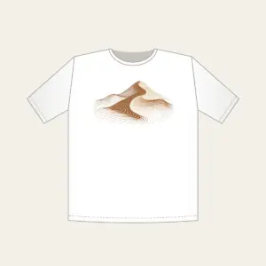 Rolling Dune in Topographic Lines T-Shirt in white: Topographic contour lines shaped into a rolling dune, drawn in warm brown and cream.