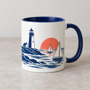 Blue Harbor Accent Mug with flat printed scene of a navy lighthouse, two simple cream sailboats outlined navy and a coral rising sun