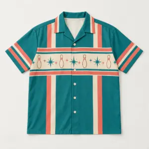 Retro Lane Bowling Jersey with all-over retro stripes in teal, coral and cream with small bowling pin and star motifs along the chest band