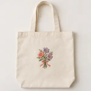 Wildflower Posy Embroidered Tote with embroidery of a posy of three flowers with ribbon in coral, lavender and green on a natural tote, centred